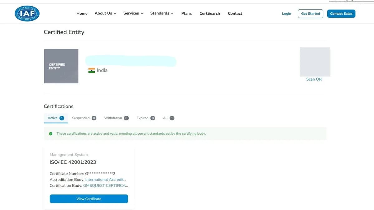 A GMSQUEST-issued ISO/IEC 42001 certificate shown as active on the IAF CertSearch register, with the certified company's name redacted