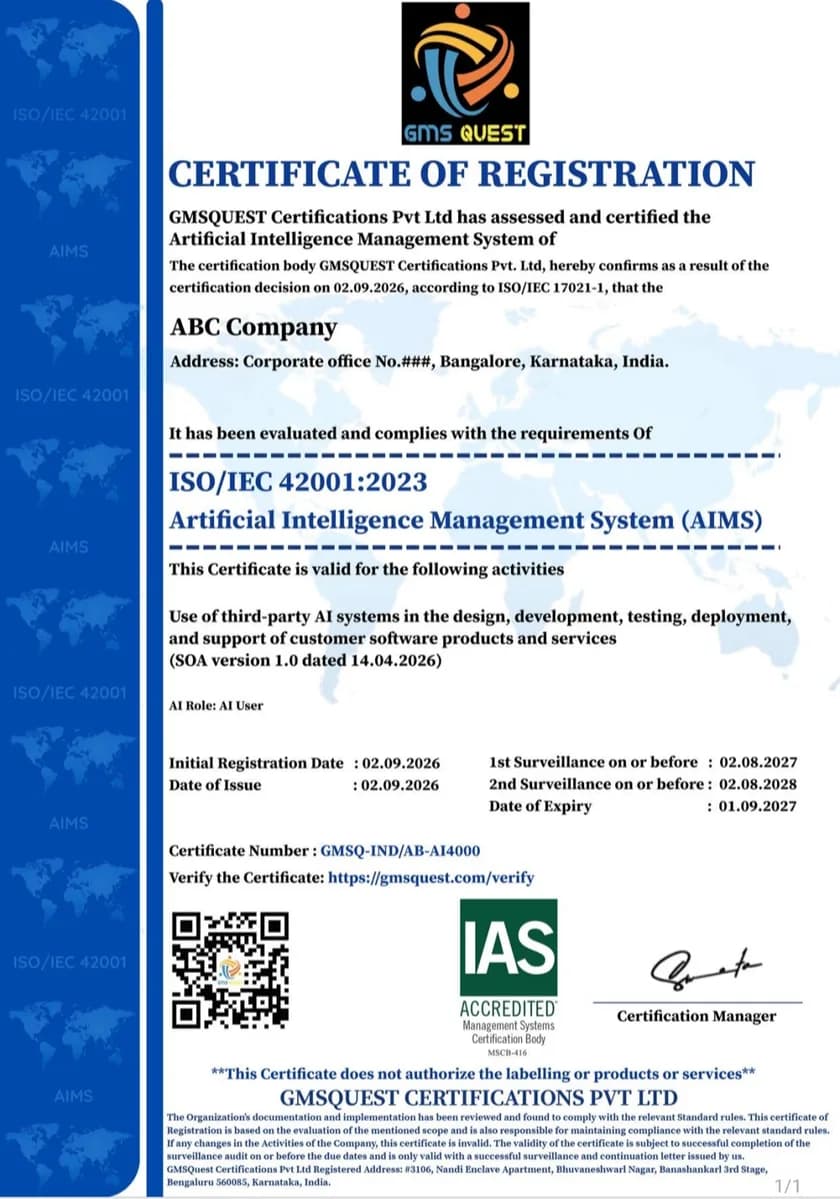 Sample GMSQUEST certificate of registration for ISO/IEC 42001, issued to an example company and carrying the IAS accreditation mark MSCB-416