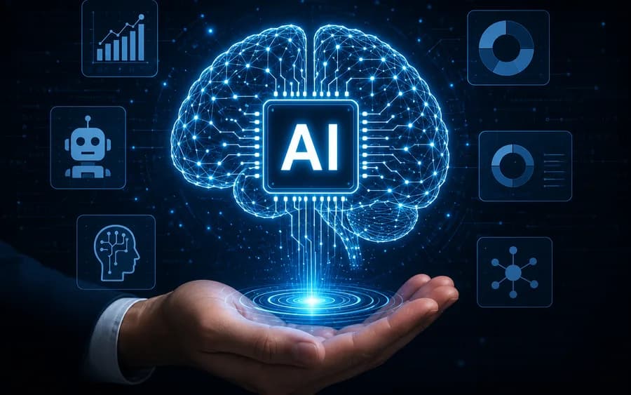 A glowing neural-network brain above an open hand, representing artificial intelligence systems